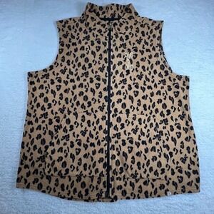 Leopard Print Sherpa Fleece Vest Women's 3XL Tan Brown Zip Up Cozy Preppy